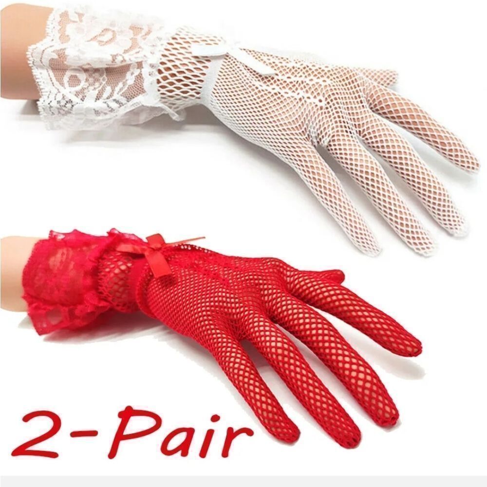 2Pair Ladies Lace Bridal Gloves Fishnet Bowknot Short Knit Mesh Wedding Mittens